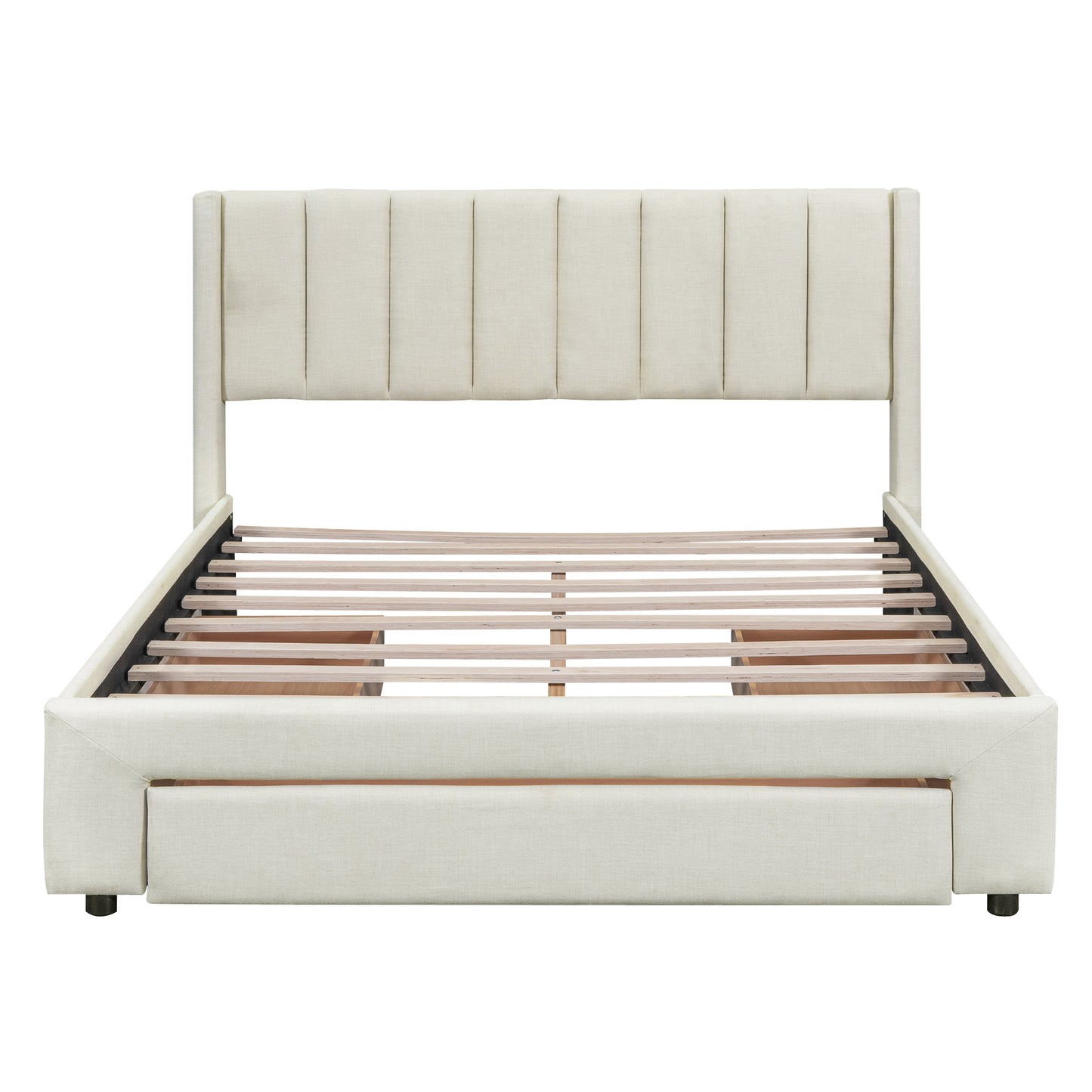 Full Size Upholstered Platform Bed with One Large Drawer in Footboard and Drawers on Each Side, Beige