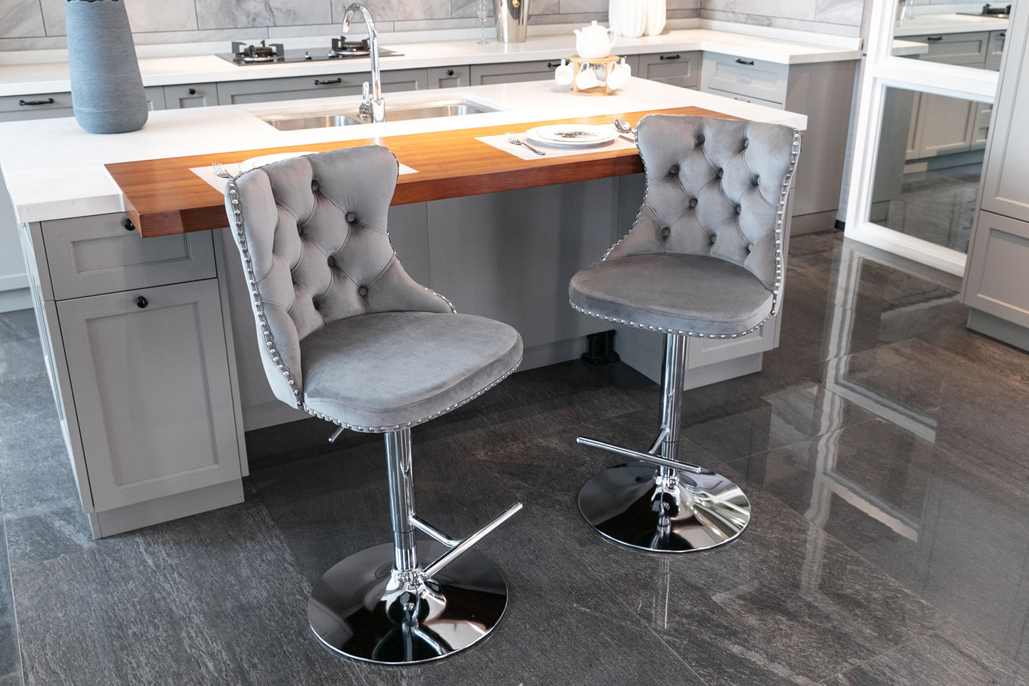 （Gray,Set of 2） 25-33 Inch, Modern Upholstered Chrome base Bar Stools with Backs Comfortable Tufted for Home Pub and Kitchen