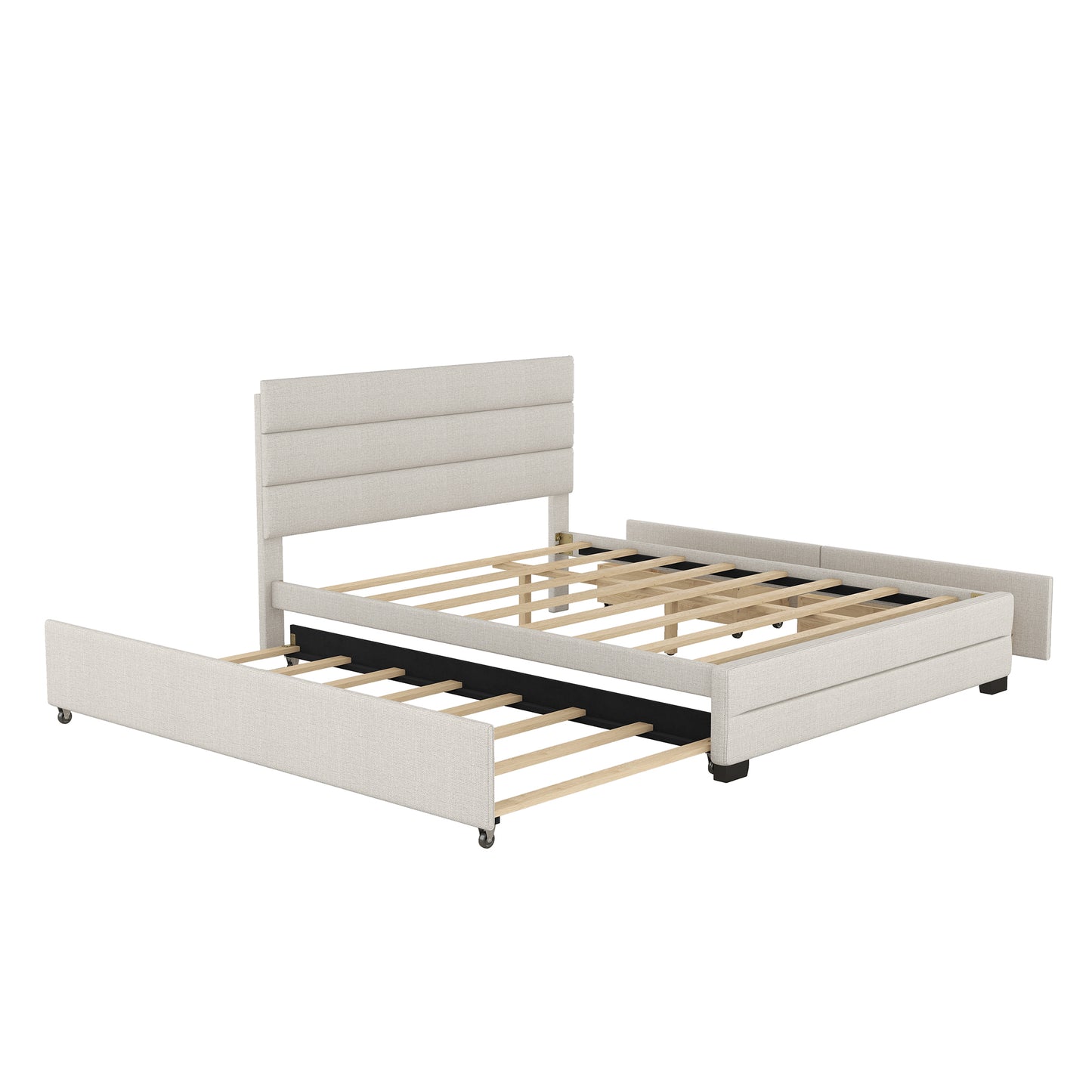 Queen Upholstered Platform Bed with Twin Size Trundle and Two Drawers  Beige