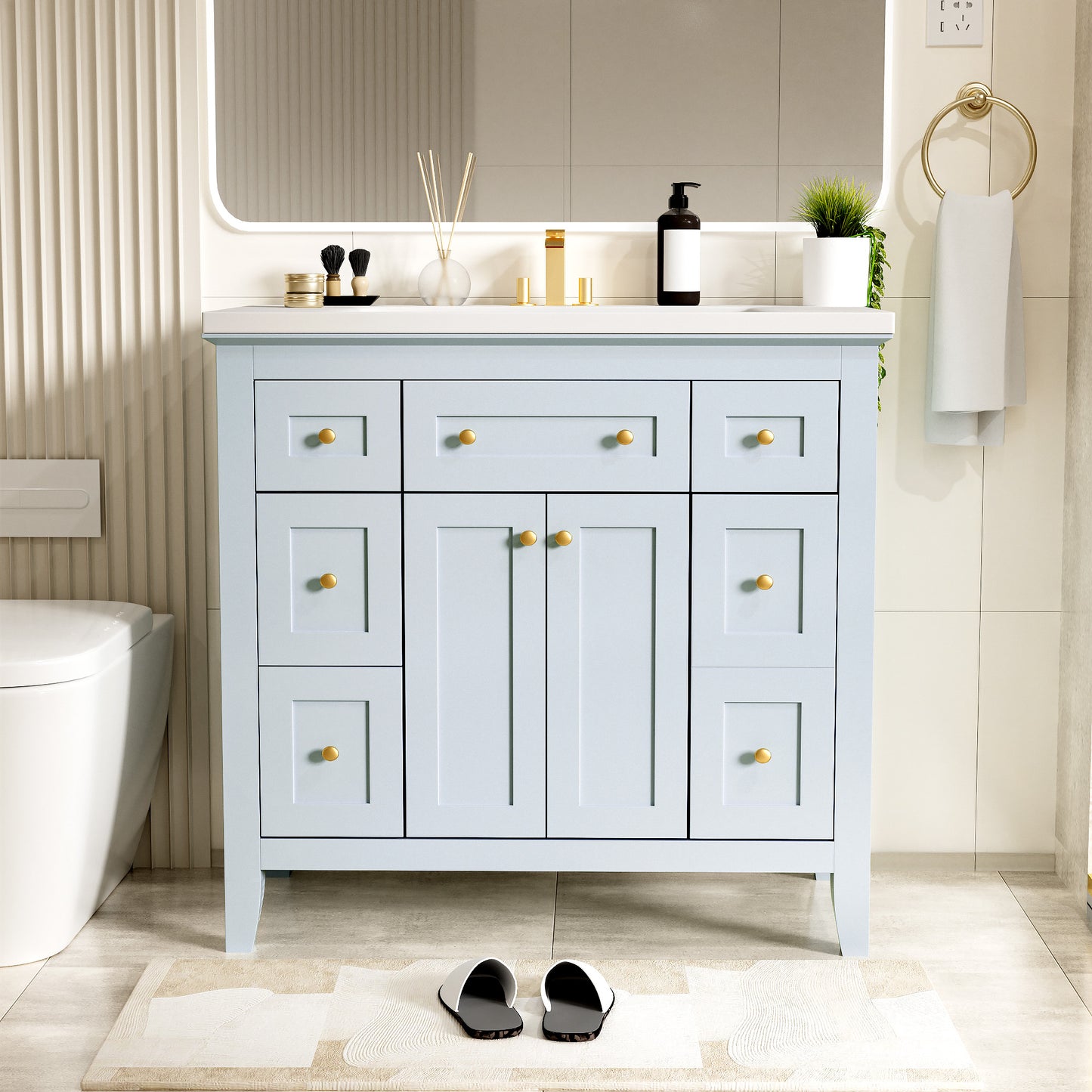 36 inch bathroom vanity with resin sink combination set with 6 drawers and 2 cabinets, storage cabinet vanity set, light blue