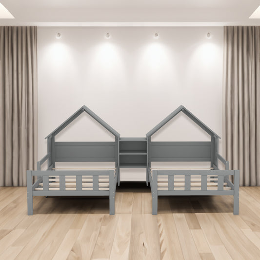 Double Twin Size Platform Bed with House-shaped Headboard and a Built-in Nightstand  Grey