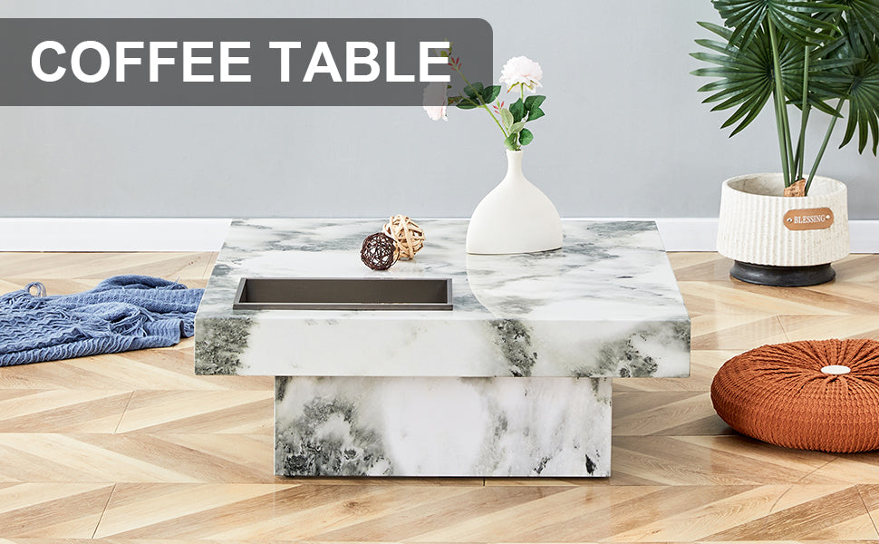 A modern and practical coffee table black and white in imitation marble pattern made of MDF material