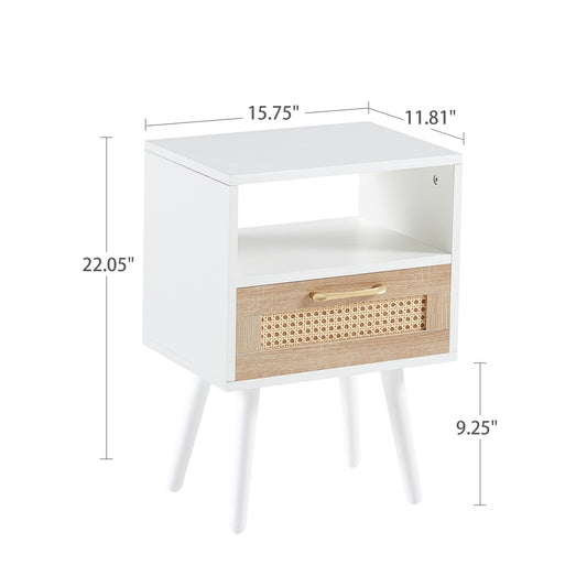 Rattan End table with drawer and solid wood legs Modern nightstand side table for living room white