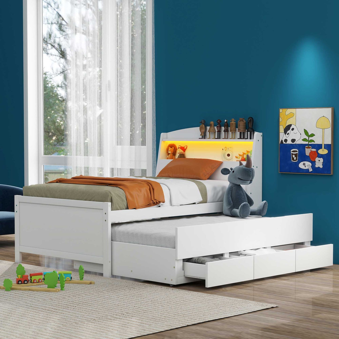 Twin Size Platform Bed with Storage LED Headboard Twin Size Trundle and 3 Drawers White