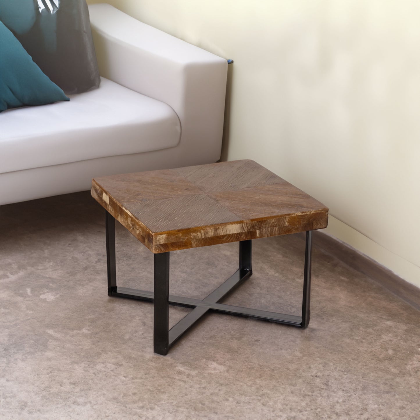 Modern Retro Splicing Square Coffee Table Fir Wood Table Top with Cross Legs Metal Base (Set of 2 pcs )