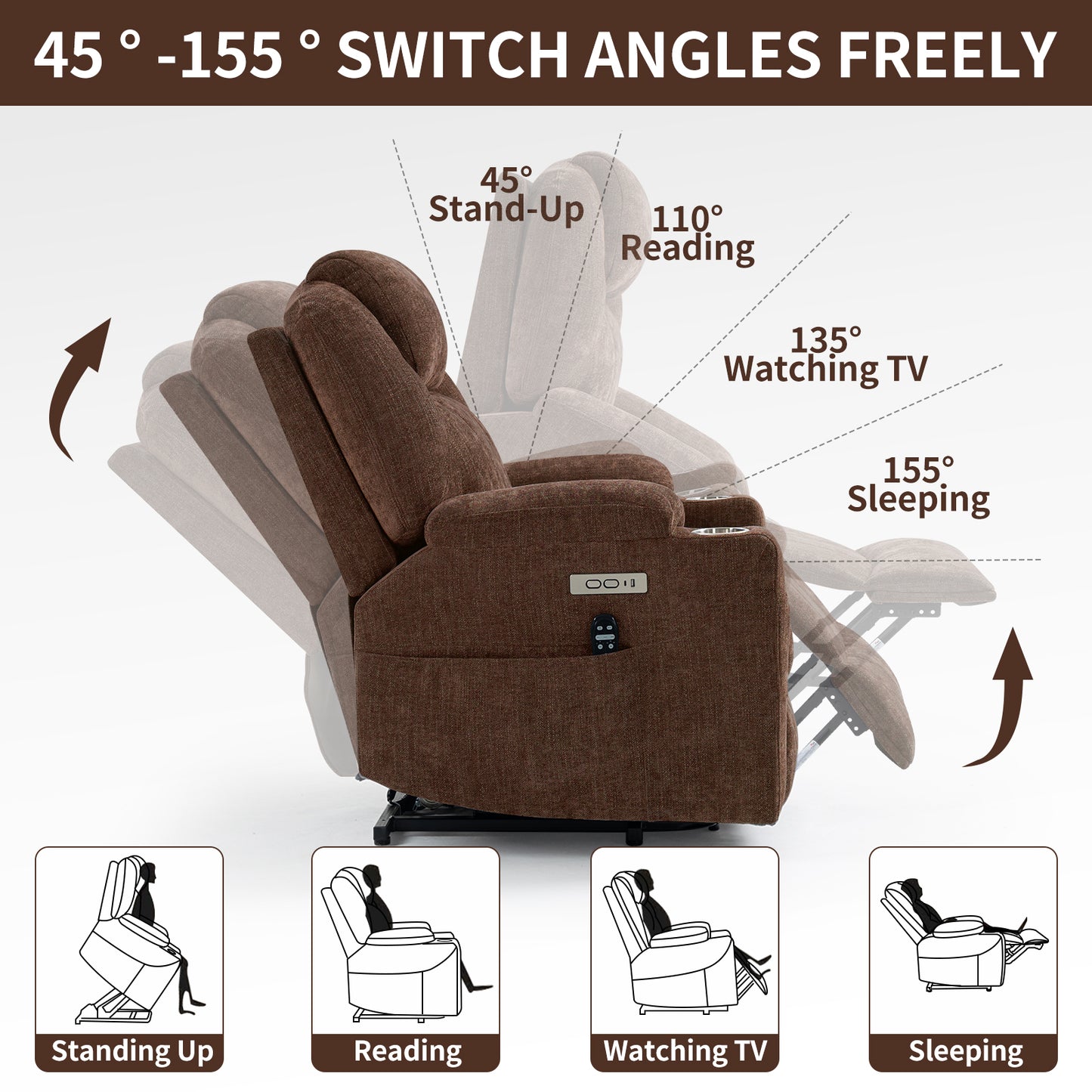 Okin motor Up to 350 LBS Chenille Power Lift Recliner Chair Brown