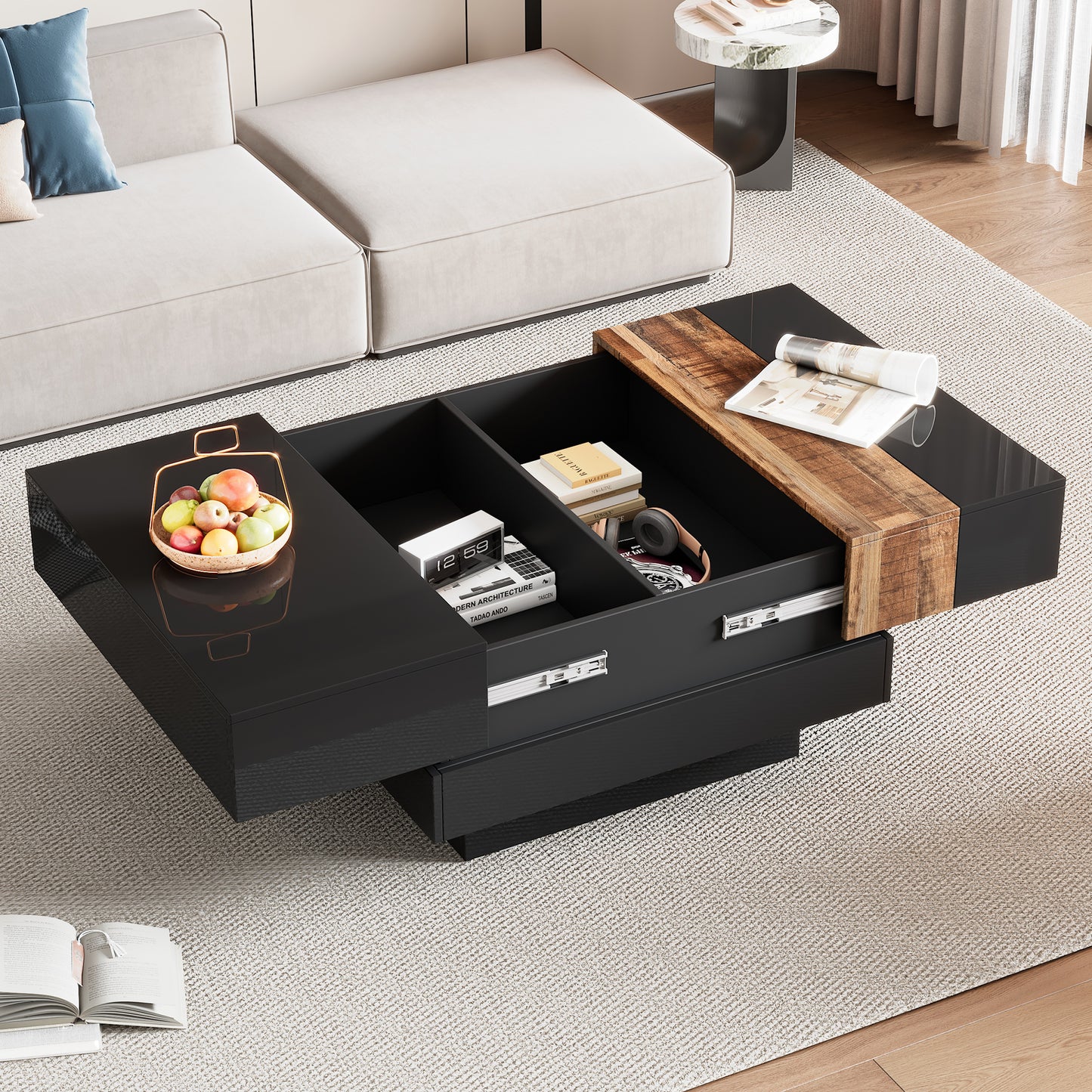 ON-TRANS 31.4-Inch High Gloss Center Table with Sliding Tabletop and Hidden Storage, Black Finish