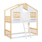 Twin over Twin House Bunk Bed with Roof , Window, Window Box, Door , with Safety Guardrails and Ladder, Natural/White