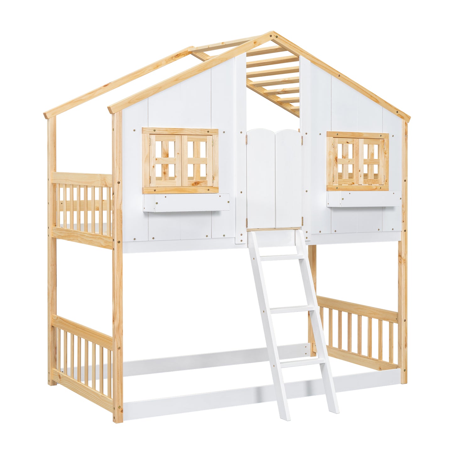 Twin over Twin House Bunk Bed with Roof , Window, Window Box, Door , with Safety Guardrails and Ladder, Natural/White