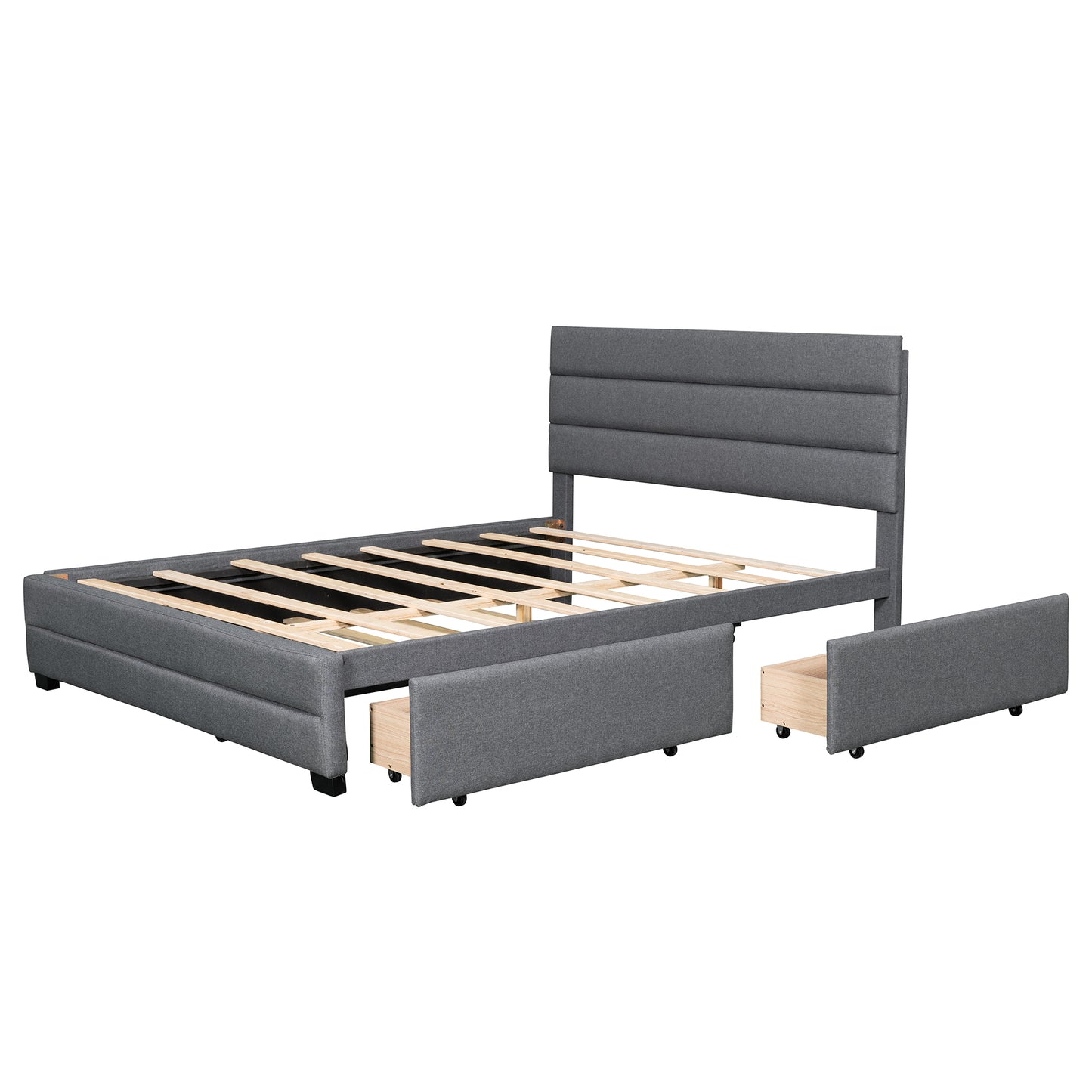 Queen Upholstered Platform Bed with Twin Size Trundle and Two Drawers Grey