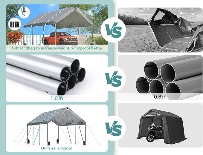 12 * 20 portable car tent garage with adjustable height from 9.5 feet to 11 feet, metal roof and side walls