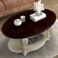 42 inch oval wooden coffee table, 2-story solid wood cocktail table with open storage rack, antique white and cherry tabletop