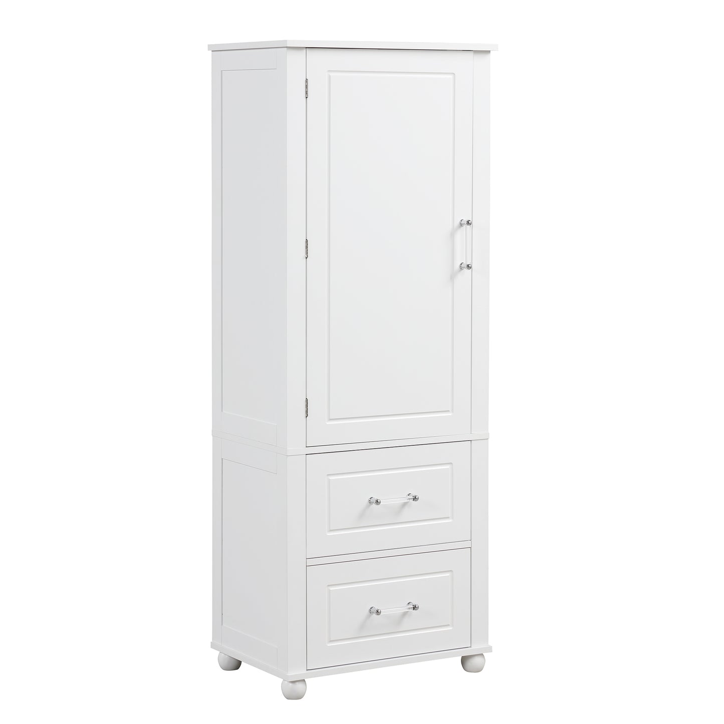 Tall bathroom storage cabinet with two drawers and adjustable shelves for independent storage