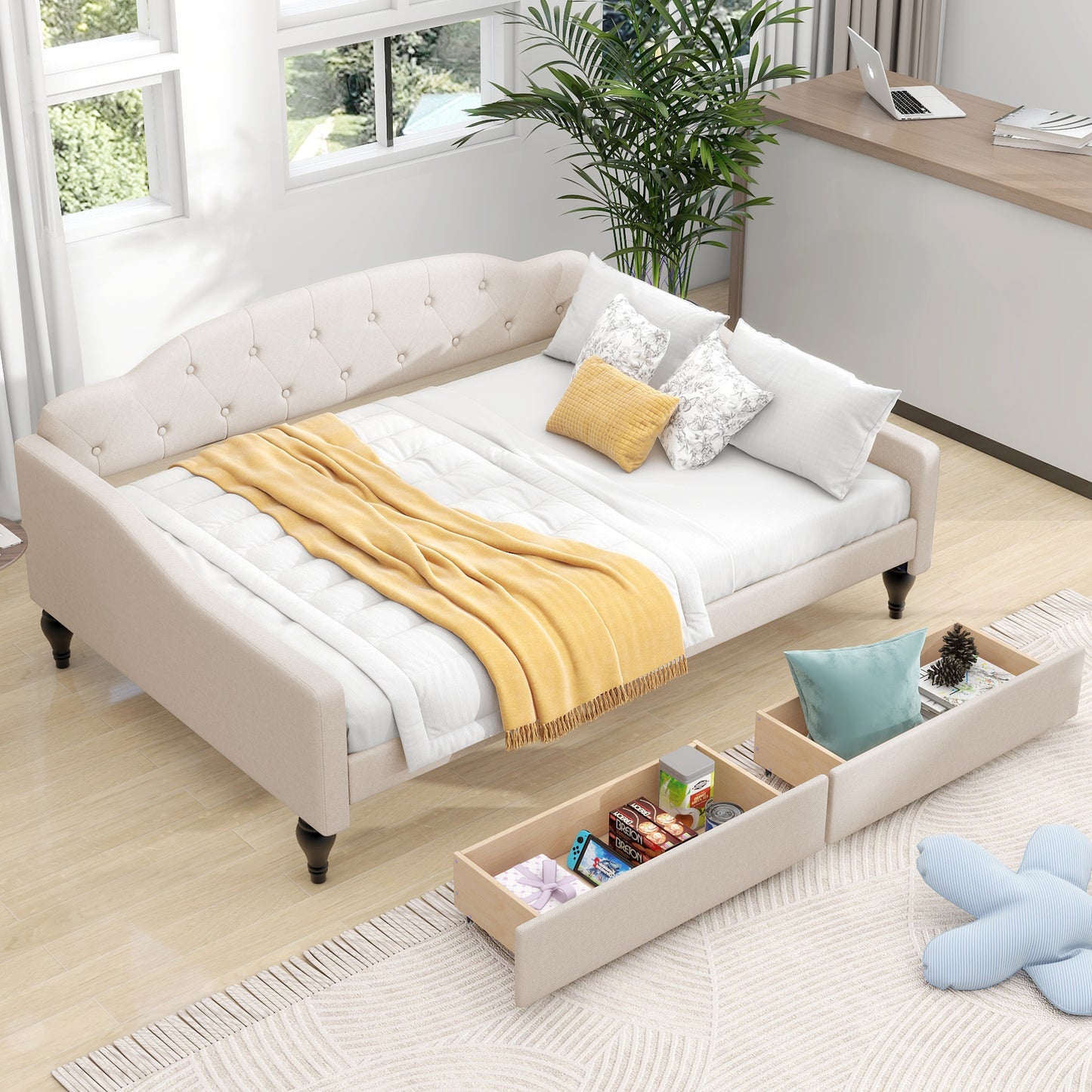 Full Size Upholstered Tufted Daybed with Two Drawers, Beige