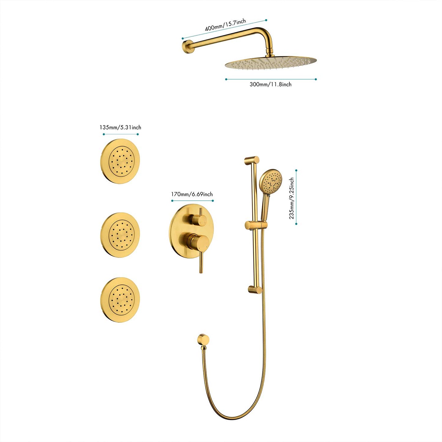 Shower System with Shower Head, Hand Shower, Slide Bar, Bodysprays, and Lever Handles