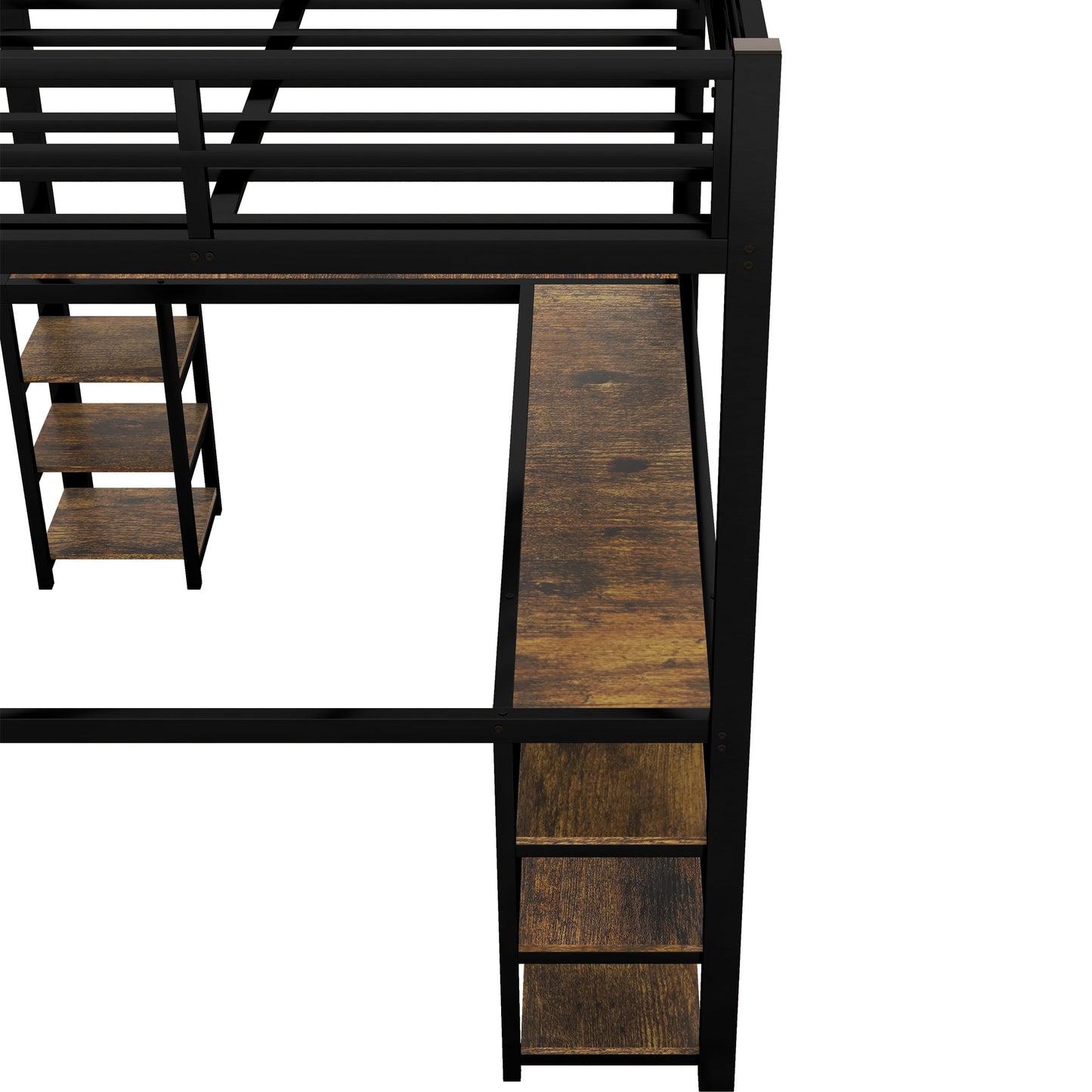 Full Metal Loft Bed with Desk and Shelves, Loft Bed with Ladder and Guardrails, Loft Bed Frame for Bedroom, Black