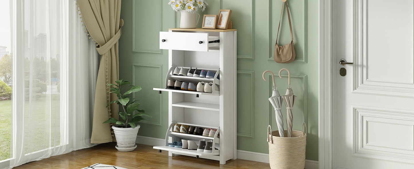 ONTREND with 2 flip drawers, top shoe cabinet with drawers, independent shoe rack with adjustable panel, white