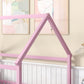 Full Size Floor Wooden Bed with House Roof Frame, Fence Guardrails ,Pink