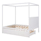 Queen Size Canopy Platform Bed with Twin Size Trundle and Three Storage Drawers White