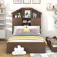 Twin Size Wood Platform Bed with House-shaped Storage Headboard and 2 Drawers Walnut