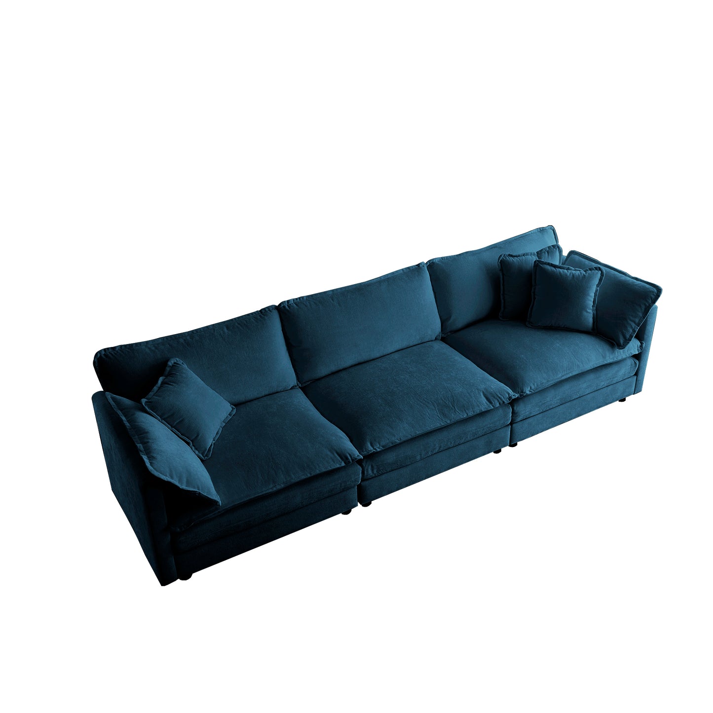 Mid-Century Modern 3-Seater Sofa with 2 Armrest Pillows and 3 Toss Pillows, Blue Chenille Fabric for Living Rooms