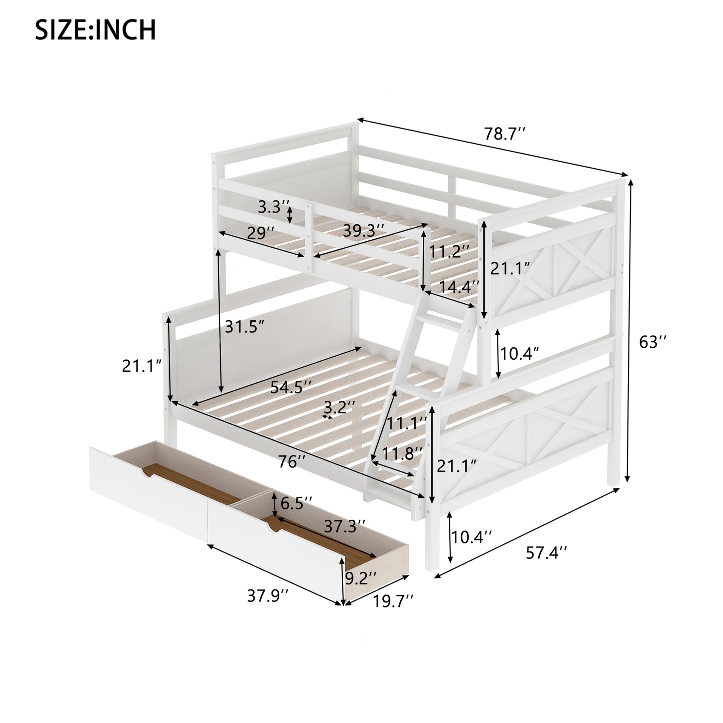 Twin over Full Bunk Bed with Ladder, Two Storage Drawers, Safety Guardrail  White