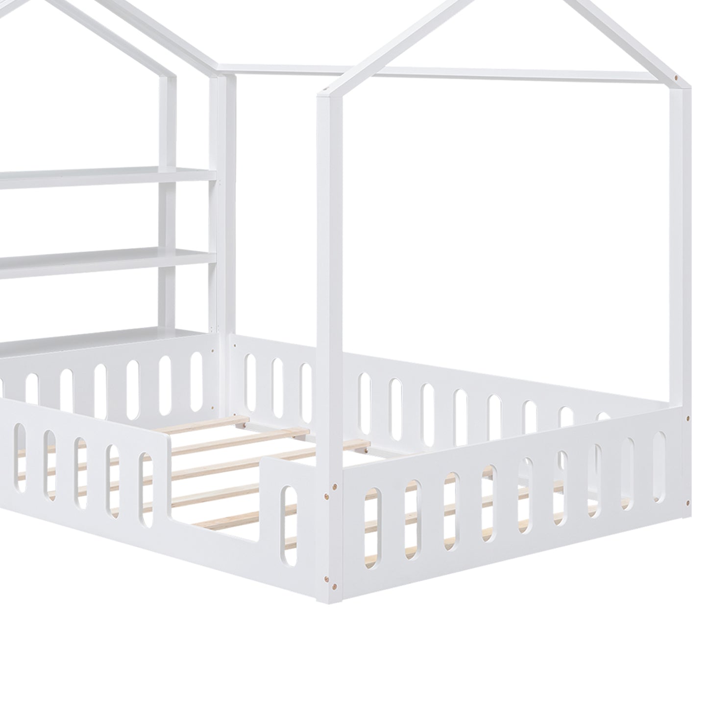 Full Size Wood House Bed with Fence and Detachable Storage Shelves, White