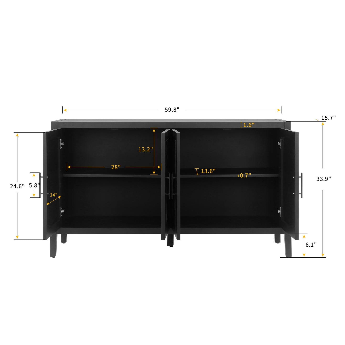 Aparador de sarga de madera de 4 puertas, diseño vintage de estilo campestre americano para salas de estar, comedores y pasillos, color negro