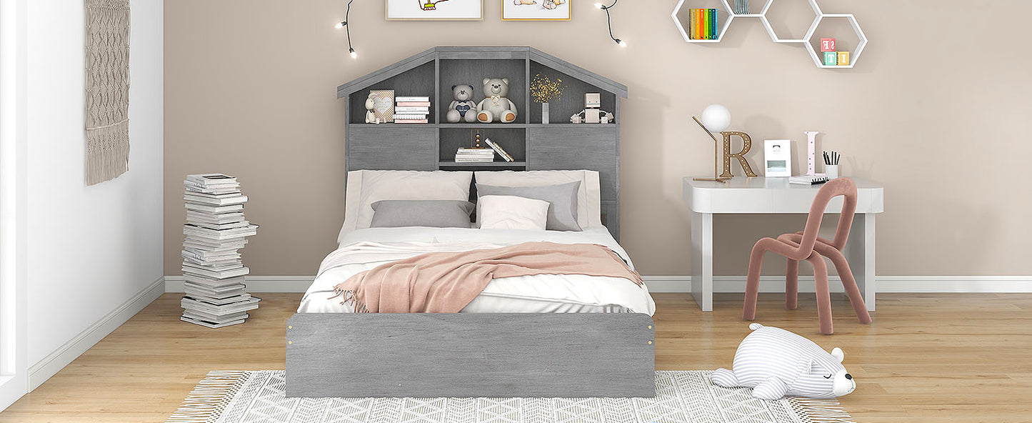 Full Size Wood Platform Bed with House-shaped Storage Headboard and 2 Drawers Gray