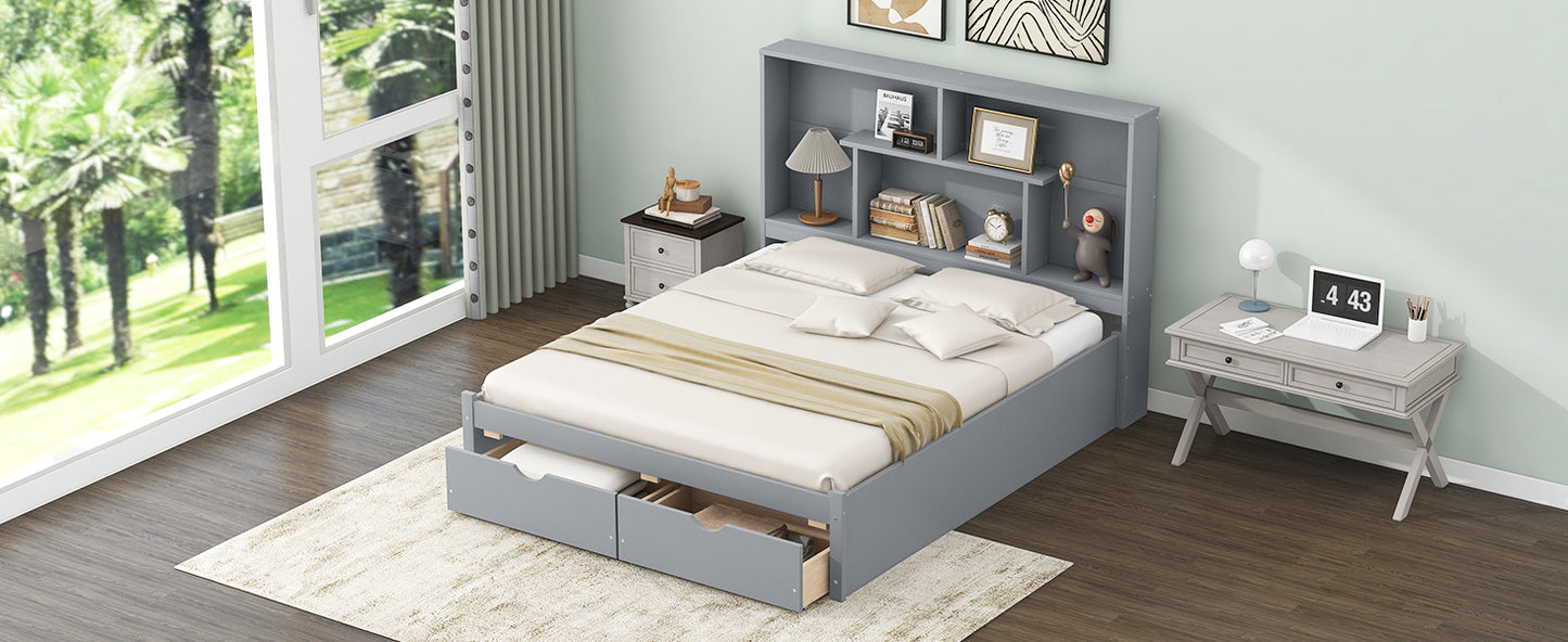 Queen Size Platform Bed with Storage Headboard and 2 Drawers, Gray