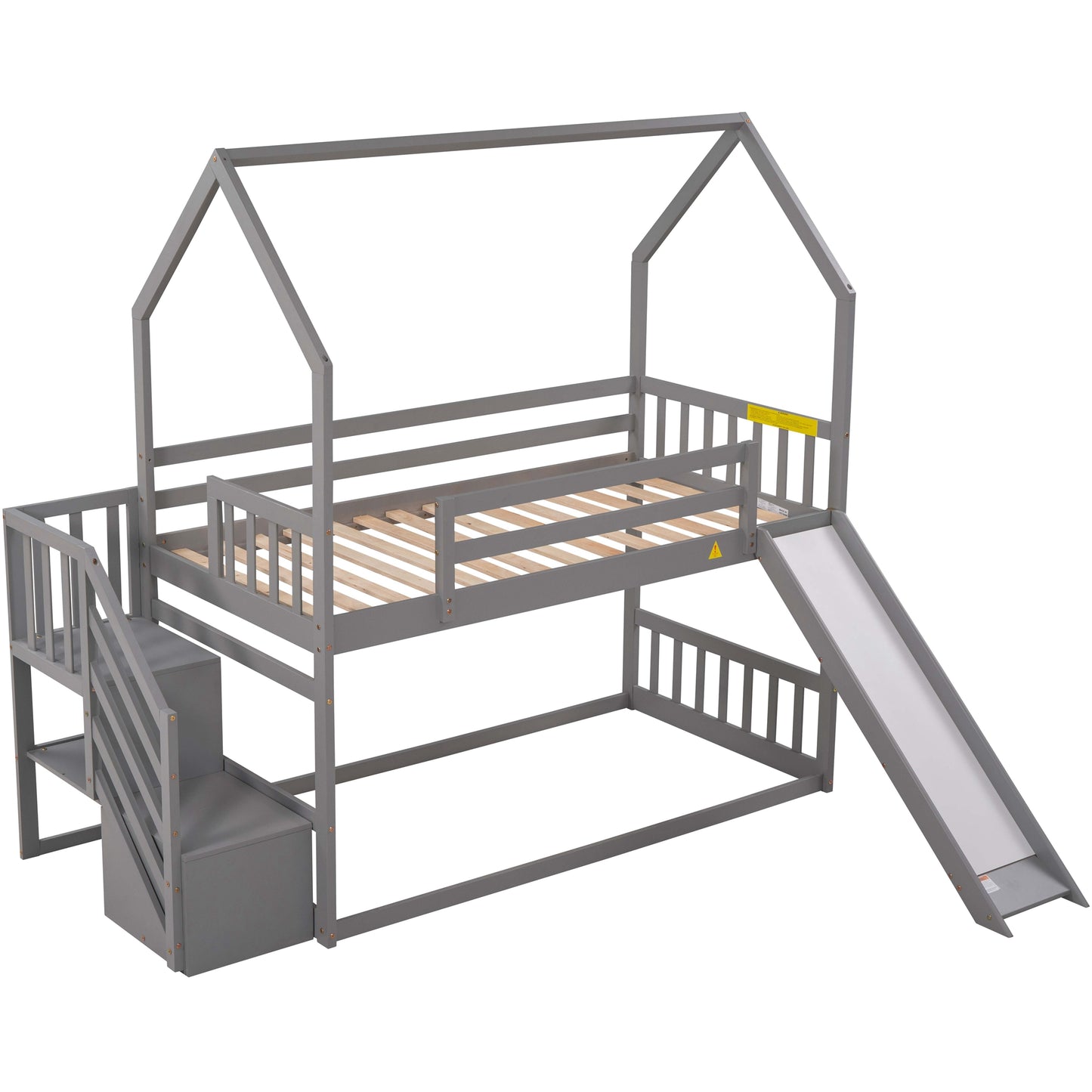 Twin over Twin House Bunk Bed with Convertible Slide and Storage Staircase, Gray Finish