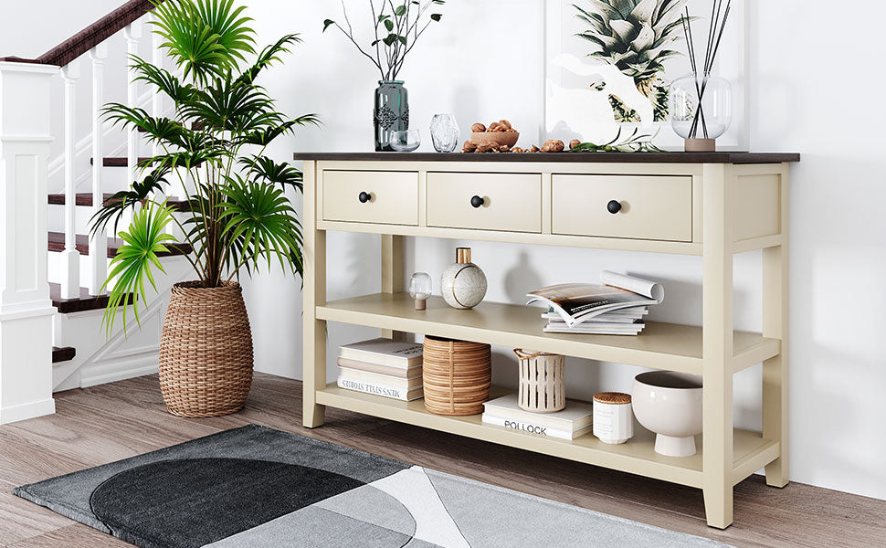 Retro Design Console Table with Two Open Shelves, Pine Solid Wood Frame and Legs, Espresso and Beige Finish