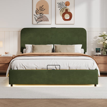 Hydraulic Storage Bed with LED Lights Green