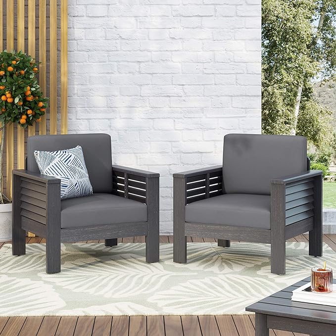 Outdoor Acacia Wood Club Chairs with Cushions, Dark Gray