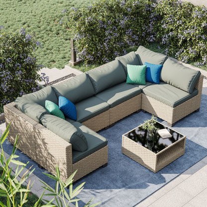 7-Piece Patio Furniture Set, All-Weather Boho Outdoor Sectional Sofa with Water-Resistant Grey Cushions