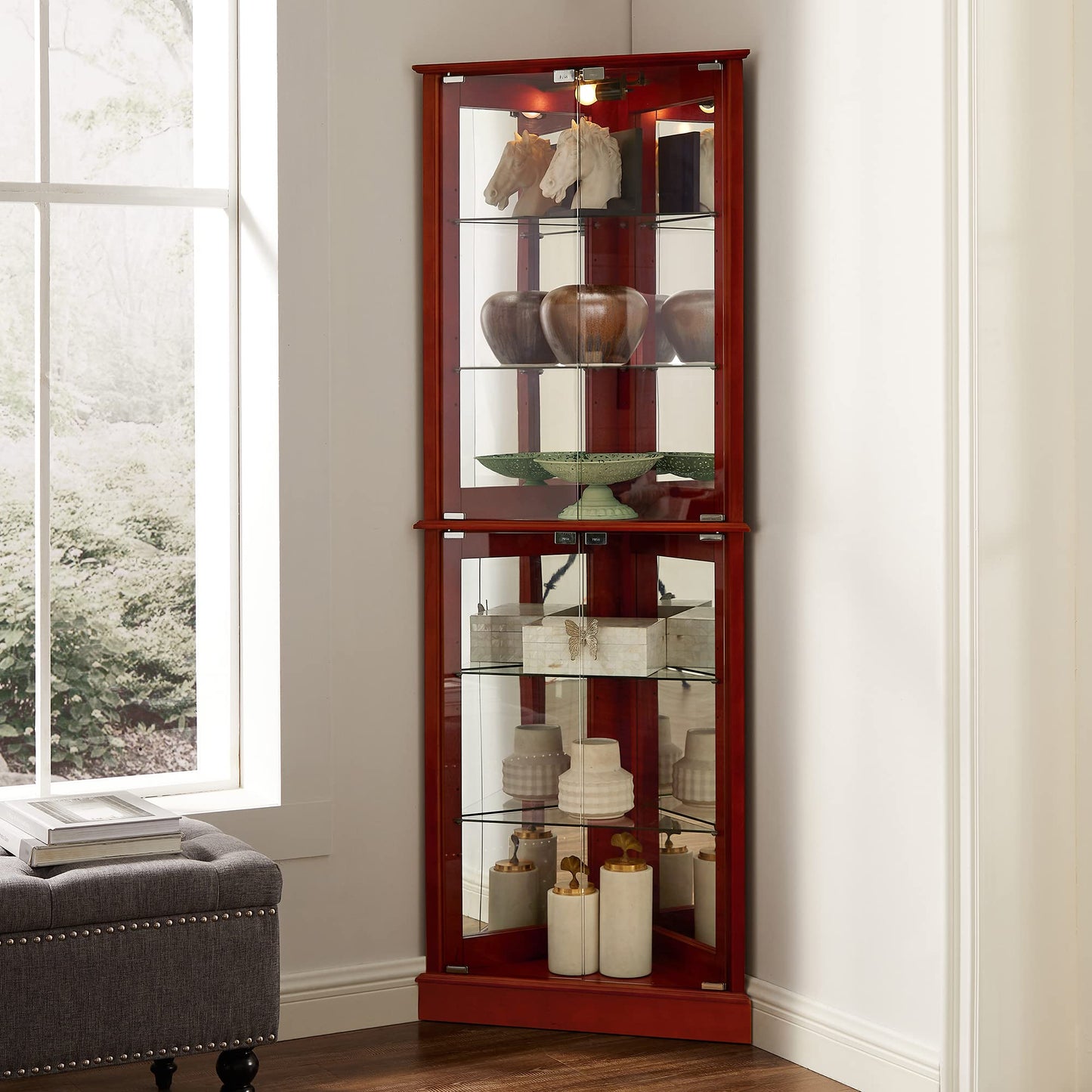 Corner Curio Dispaly Cabinet with Lights, Adjustable Tempered Glass Shelves, Mirrored Back,Cherry(E26 light bulb not included)