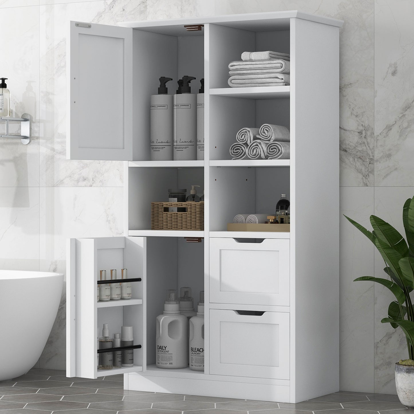 Bathroom storage cabinet with doors and drawers, multiple storage spaces, independent, open adjustable shelves, white