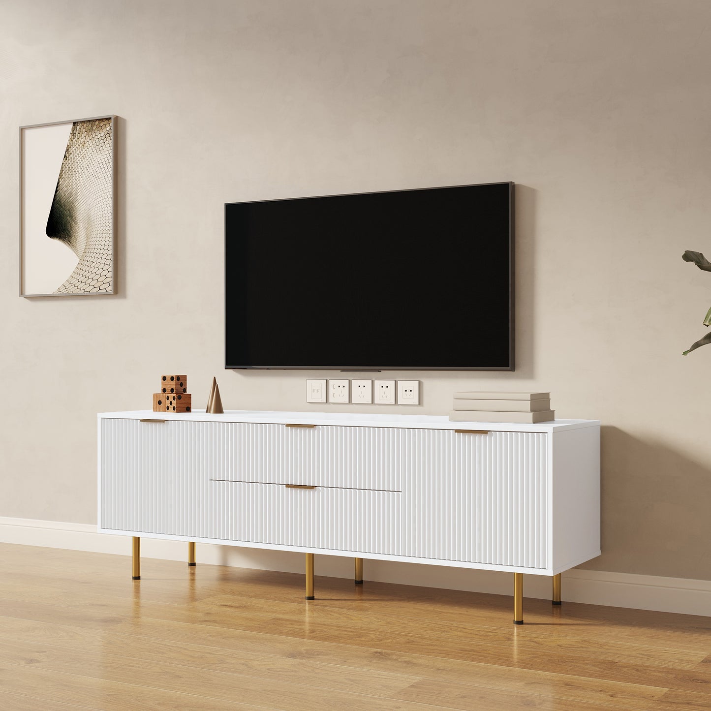 Mueble de TV moderno en blanco cálido, elegante centro de entretenimiento para salas de estar y dormitorios