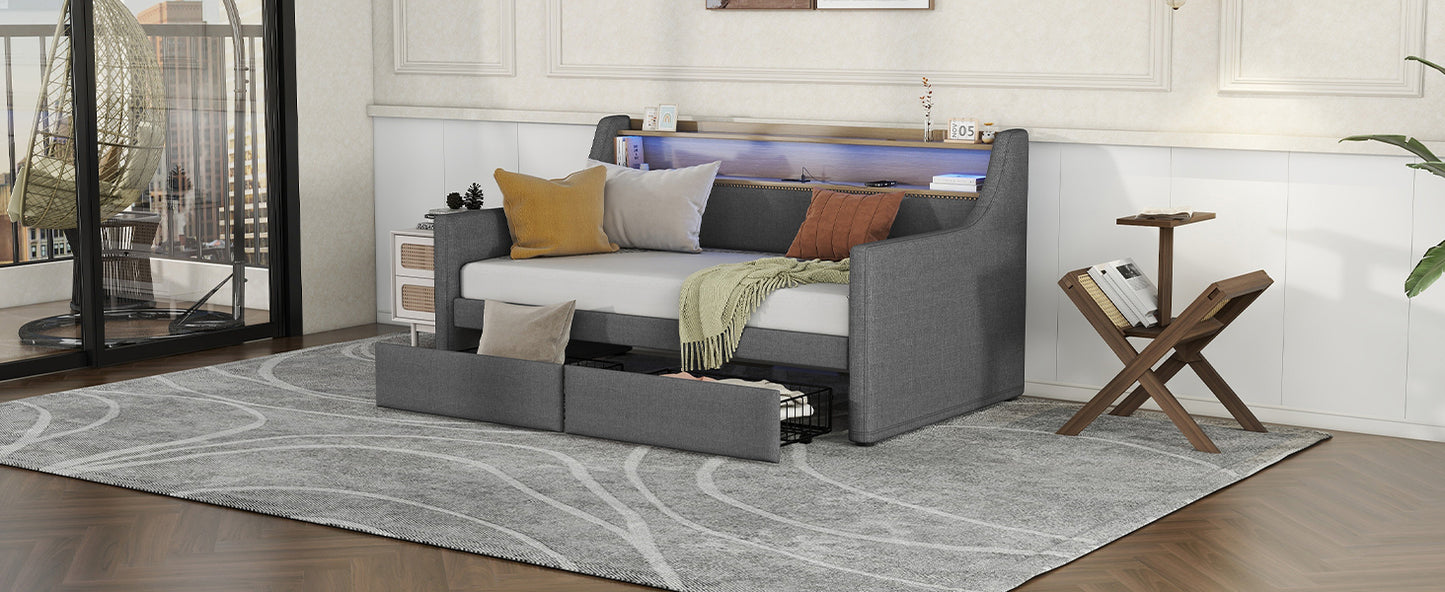 Twin Size Daybed with Storage Drawers, Upholstered Daybed with Charging Station and LED Lights, Gray