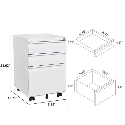 Locked three drawer storage mobile metal filing cabinet, pre assembled filing cabinet, except for wheels under the table (white)