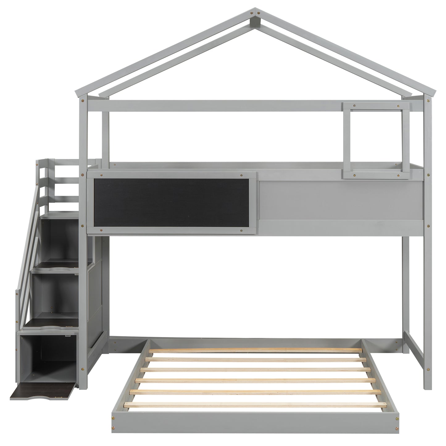 Twin over Full House Bunk Bed with Storage Staircase and Blackboard, Gray Finish