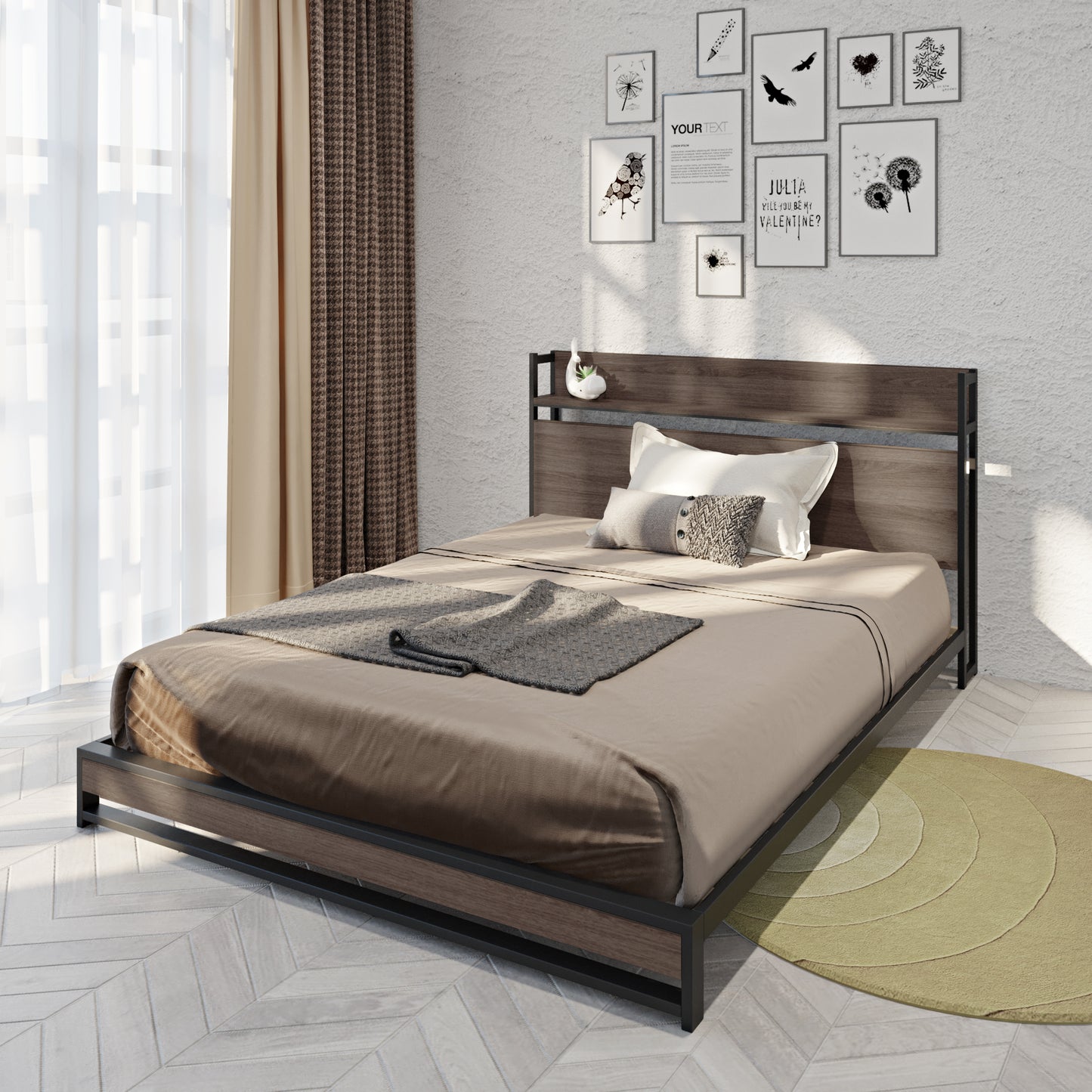 Platform Queen Bed with Socket Fast Assemble Design