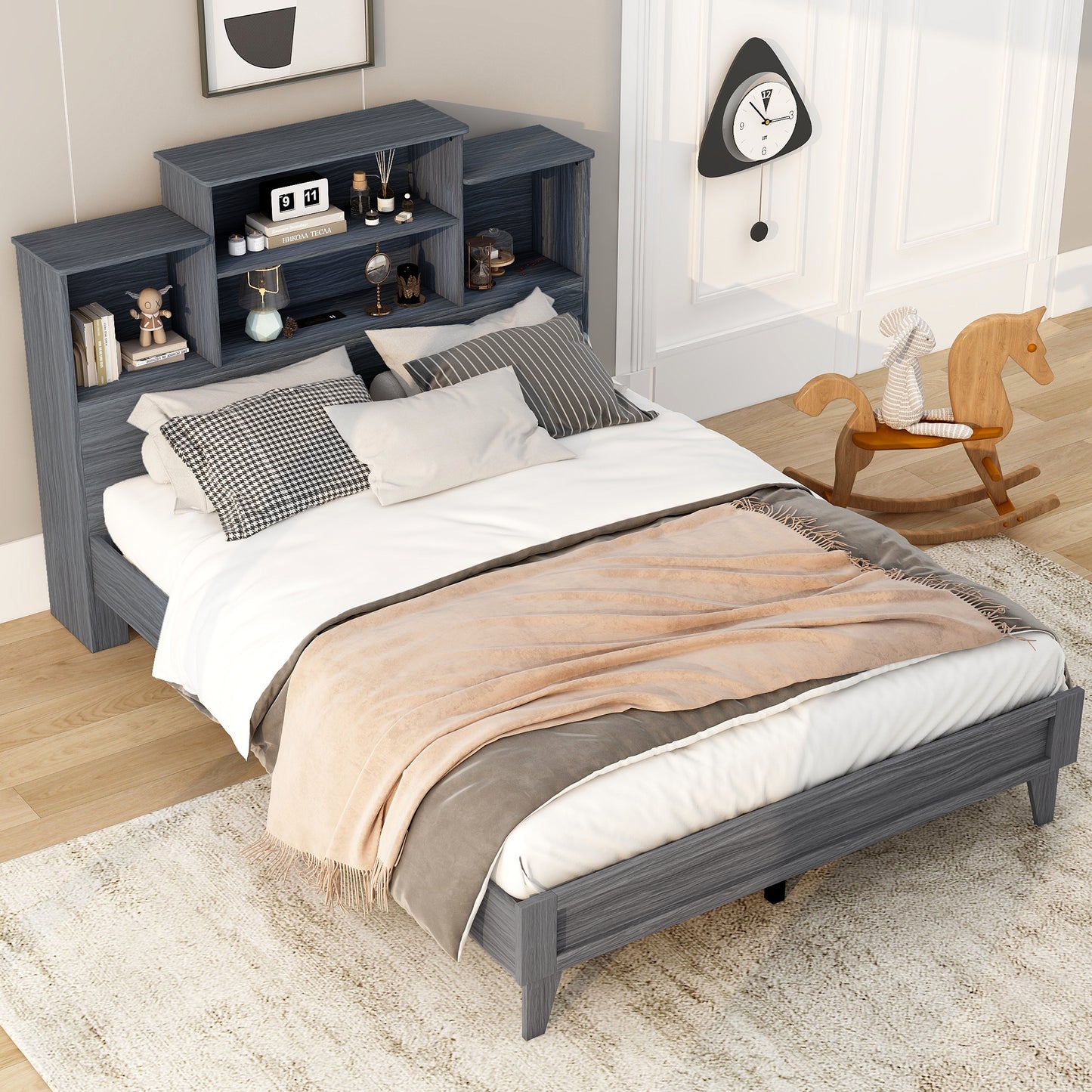 Queen Size Storage Platform Bed Frame with 4 Open Storage Shelves and USB Charging Design Gray