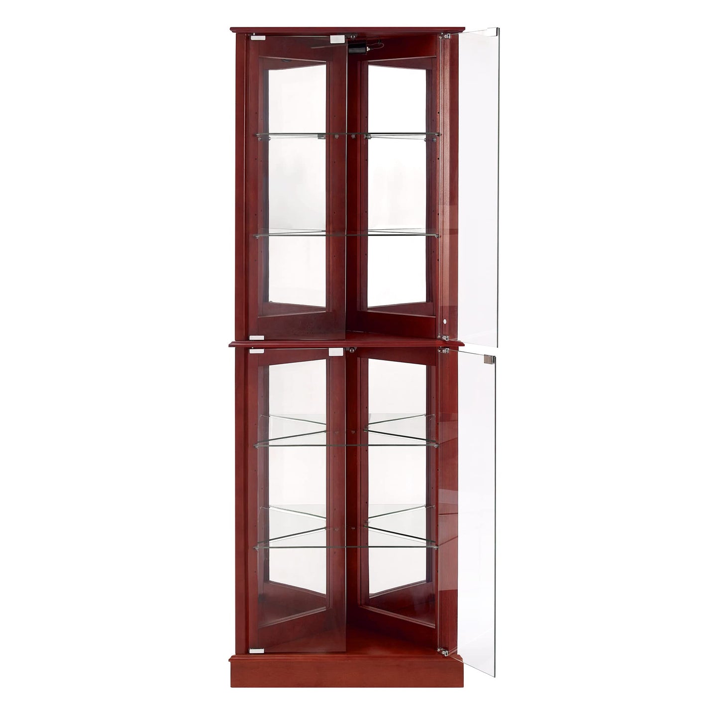 Corner Curio Dispaly Cabinet with Lights, Adjustable Tempered Glass Shelves, Mirrored Back,Cherry(E26 light bulb not included)