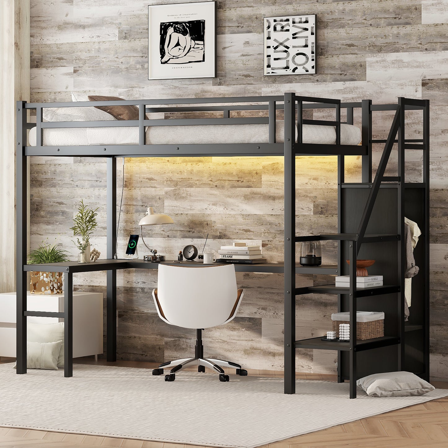 Twin XL loft bed with L-shaped desk and USB, metal loft bed with wardrobe and adjustable shelf, LED loft bed, black