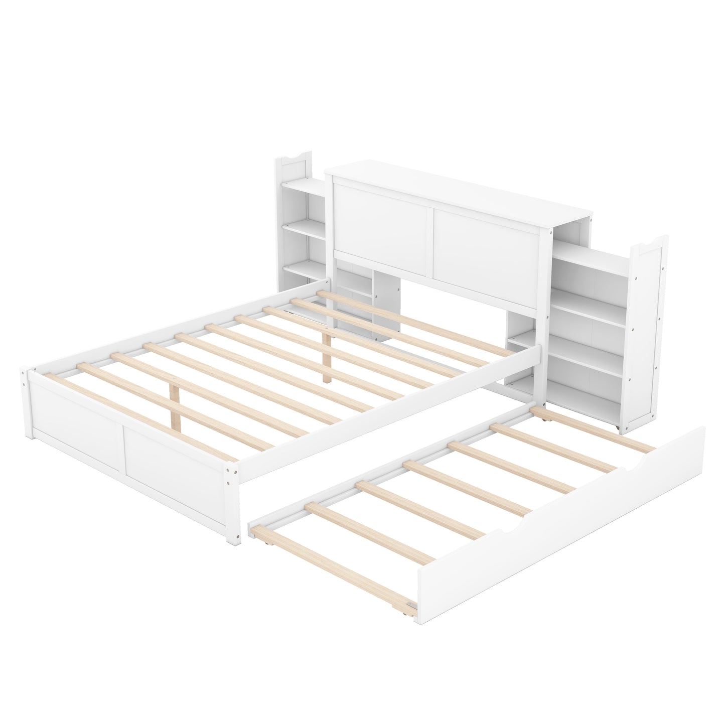 Queen Size Storage Platform Bed with Pull Out Shelves and Twin XL Size Trundle  White