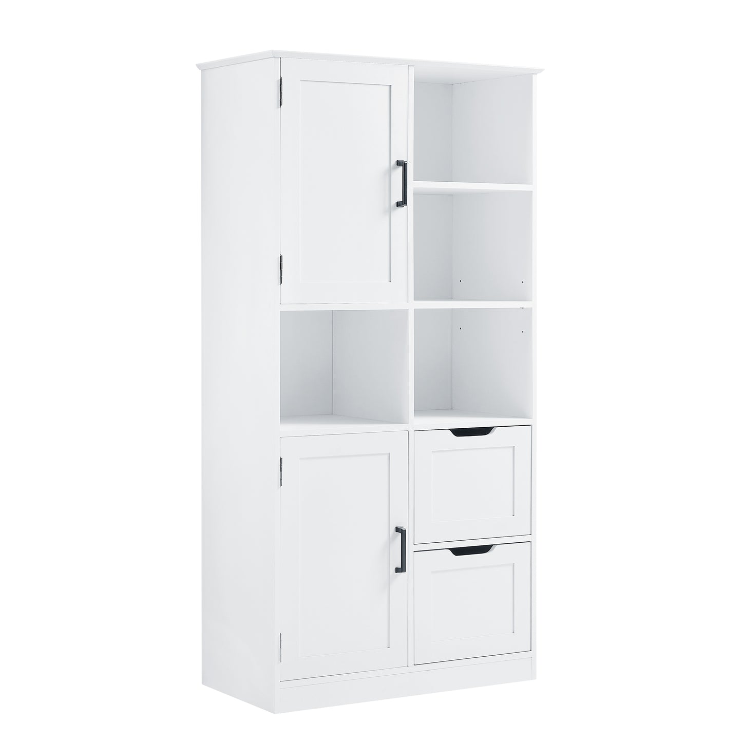 Bathroom storage cabinet with doors and drawers, multiple storage spaces, independent, open adjustable shelves, white