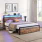 Large bed frame with storage headboard and 2 drawers, LED light bed, charging station, metal platform bed