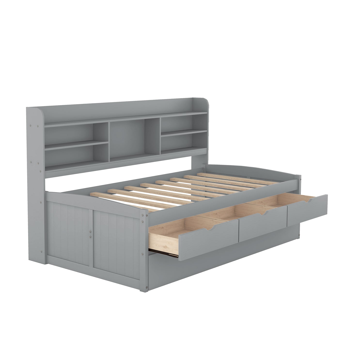 Twin Size Wooden Captain Bed with Built-in Bookshelves,Three Storage Drawers and Trundle Light Grey