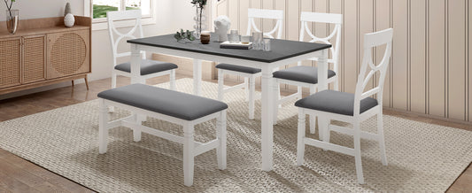 Juego de mesa de comedor de madera TOPMAX de 6 piezas con banco tapizado y 4 sillas, estilo rústico en gris y blanco